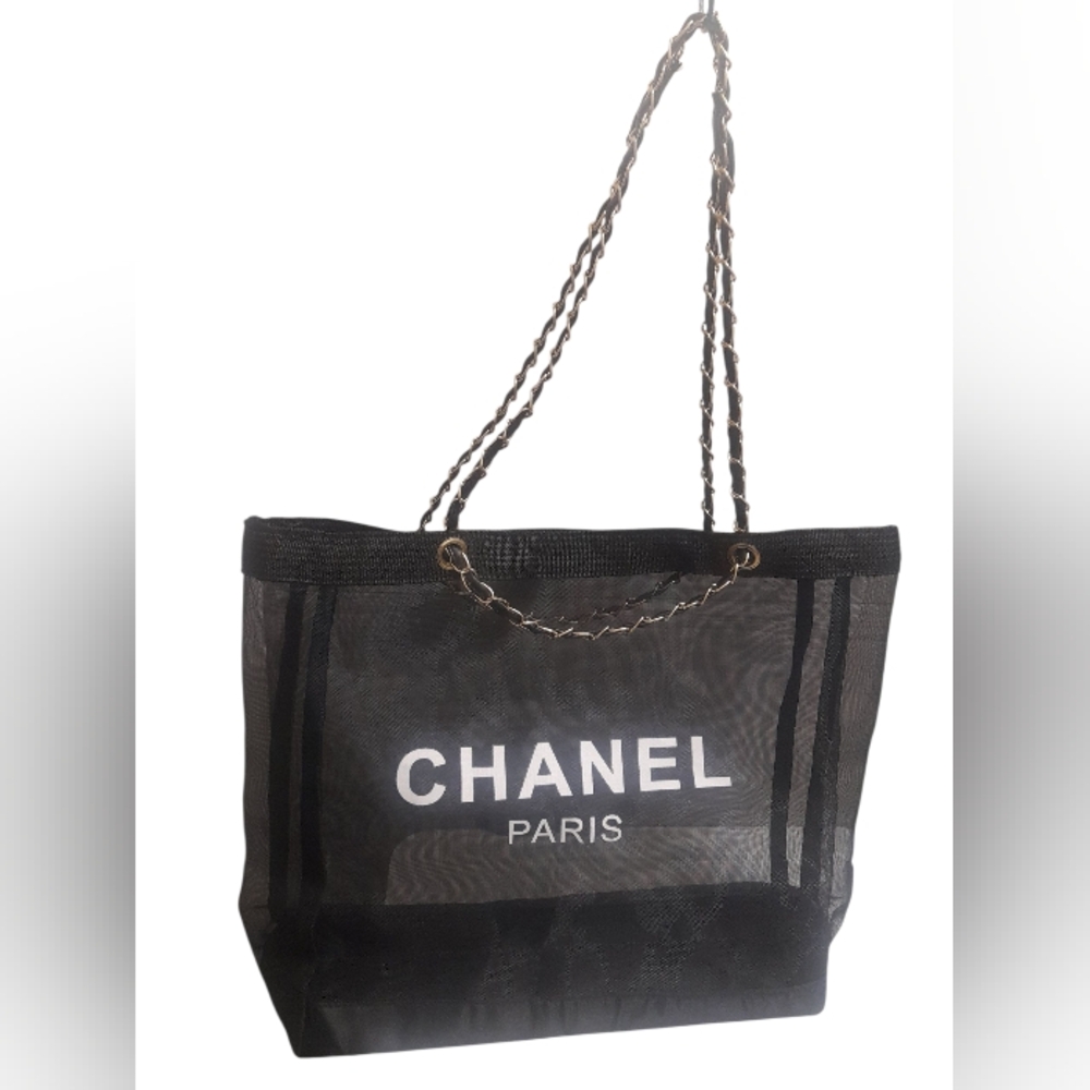 CHANEL Black Mesh Tote with Chain Straps